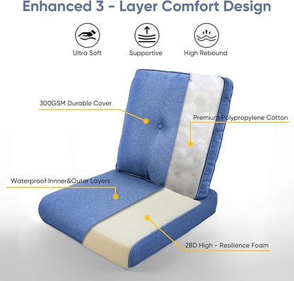 8-Piece Outdoor Patio Cushion Set - Fade & Water Resistant with Removable Olefin Cover, 22x24x4 Inch Memory Foam Cushions for Wicker Sectional Sofa – Blue/Buckle