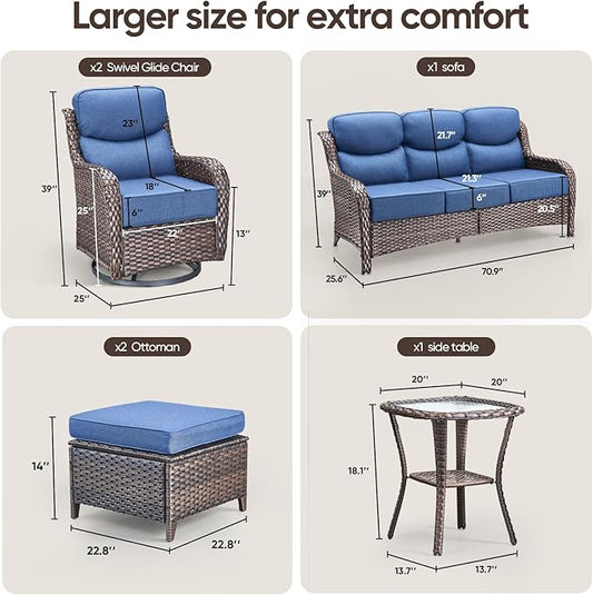Swivel Patio Chairs sofa Set of 7 with 6" Thick Cushion - Wicker Outdoor Swivel Rocker Patio Chair ,Sofa/Glass coffee table, High Back Comfortable Outdoor Glider Chairs - Brown Wicker Blue Cushion
