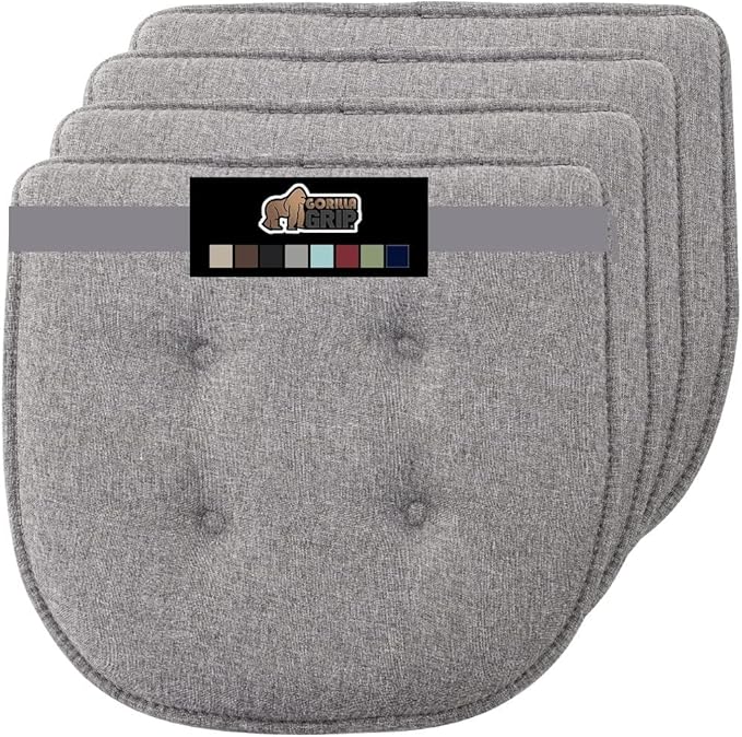 GORILLA GRIP Slip Resistant Tufted Chair Cushions, No Ties Required, Memory Foam Pads for Dining Room Kitchen Table, Office, Rocking Chairs, Plush Seat Cushion Pad, Home Decor, Set of 4, 16x17, Gray