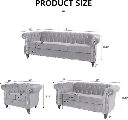 Velvet Sofa Couches Set, 3-Piece Mid Century Modern Upholstered Couch with Cushions, Home Sofa Sectional Furniture Sets, Comfy Tufted Chesterfield Couches for Living Room, Bedroom, Office