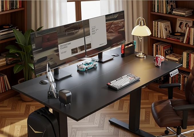 Seang Electric Height Adjustable Standing Desk, 40 x 24 Inch Sit-Stand Workstation with T-Style Frame, 3 Memory Height Options & Built-in Cable Management for Home Office, Black Frame/Black Top