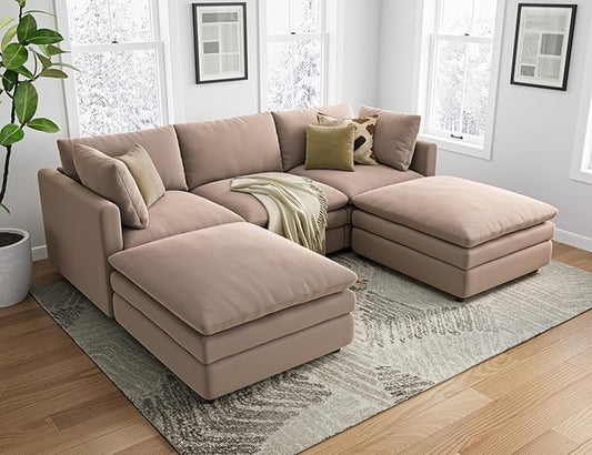 Sectional Couches for Living Room U Shaped Cloud Couch with Ottoman Deep Plush 5 Seats Sofa Modern Sofa for Apartment Brown
