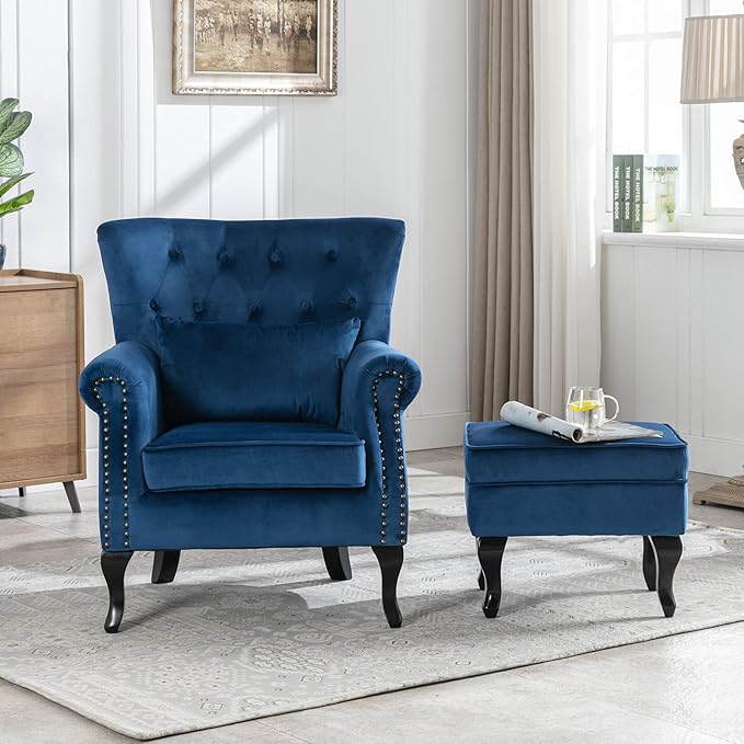 Accent Reading Arm Chairs with Ottoman Set of 2 for Living Room Bedroom, Midcentury Modern Corner Sofa Chair, Wingback Waiting Room Club Chair with Tufted Back &Lumbar Pillow, Velvet Blue