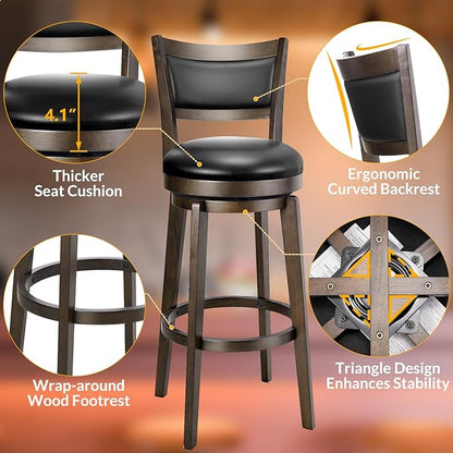 PrimeZone Swivel Bar Stools Set of 6, 32 Inch Tall Bar Height Barstools, Black Faux Leather Bar Stool with High Backrest & Solid Wood Legs & Wrap-Around Footrest, Counter Stools for Pub