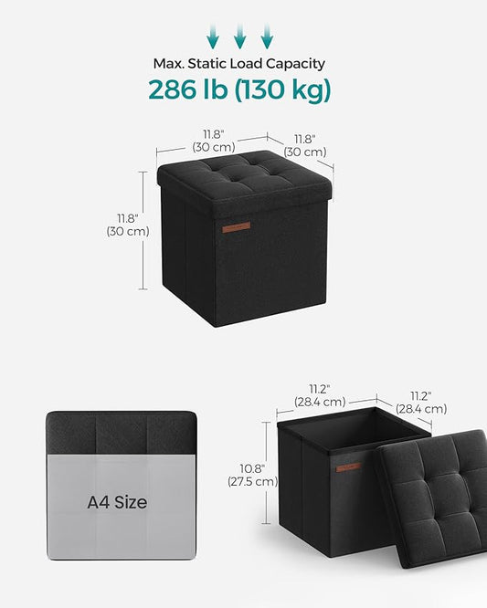 SONGMICS Storage Ottoman, Foldable Small Ottoman Foot Rest, 11.8 Inches Foot Stool, Cube Ottoman with Storage, Load up to 286 lb, for Living Room, Bedroom, Dorm, Ink Black ULSF028B01