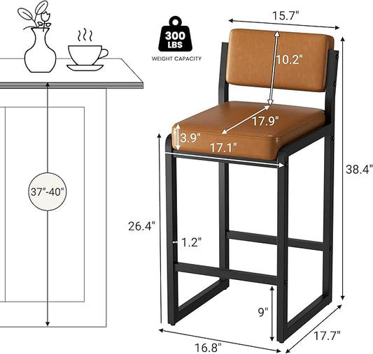 Bar Stools Set of 6, Faux Leather Counter Height Bar Stools with High Back and Metal Legs, Upholstered Bar Chairs, 26" Modern Barstools for Kitchen Island, Caramel