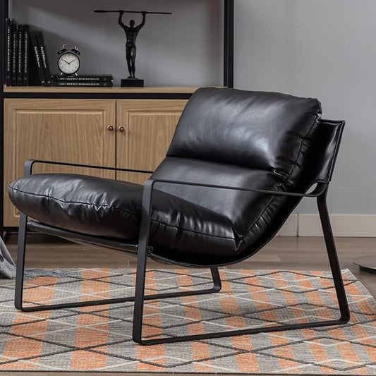 Mid-Century Accent Chair Set of 2, Comfy PU Leather Side Chair with Armrest, Upholstered Leisure Chair with Black Metal Frame for Living Room Bedroom Reception Room, Black