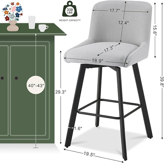 Swivel Bar Stools Set of 2, 30''H Upholstered Barstools with Backs, Modern Counter Height Bar Stool Chairs for Kitchen Island, Metal Legs, Fabric, Light Gray Counter Stools