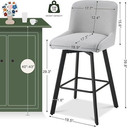 Swivel Bar Stools Set of 3, 30''H Upholstered Barstools with Backs, Modern Counter Height Bar Stool Chairs for Kitchen Island, Metal Legs, Fabric, Light Gray Counter Stools