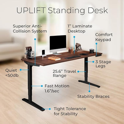 UPLIFTDESK V2 2-Leg Walnut Laminate Wood Standing Desk – Adjustable Height, Advanced 1-Touch Memory Keypad, Under Desk Cable Management, Wire Grommets & Rocker Board (Black C-Frame, 48 x 30 inch)