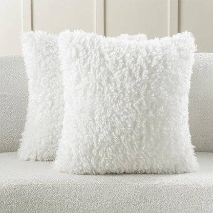 FUTEI Cream White Decorative Throw Pillow Covers 16x16 Inch Set of 2,Soft Fluffy Faux Wool Fur Boucle Textured Cushion Case,Modern Home Decor for Couch Bed Living Room Office