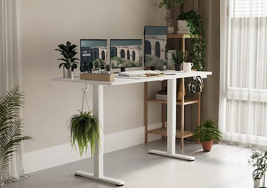Claiks Electric Standing Desk, Adjustable Height Stand up Desk, 55x24 Inches Sit Stand Home Office Desk with Splice Board, White Frame/White Top