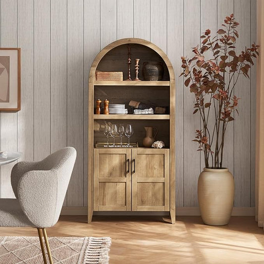 mopio Lauren 65.4" Short Arched Cabinet, 5-Tier Arched Bookcase with Doors and Shelves, Mini Arch Bookshelf with Storage, Wooden Storage Cabinet for Living Room and Kitchen Pantry (Oak)
