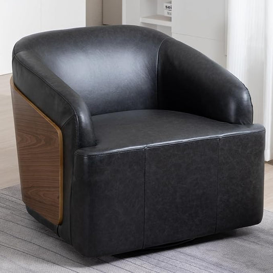 Genuine Leather Swivel Accent Chair Swivel Barrel Chair Comfortable Mid Century Modern Chair Upholstered Metal Base Armchair for Living Room Bedroom Office Large Vintage Black