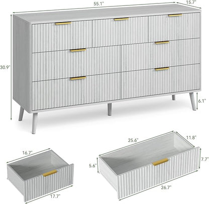 LYNSOM Fluted Dresser and Nightstand Set, 3 Pieces Bedroom Set, 55 Inch Wide 7-Drawer Dresser & 2-Drawer Nightstands Set of 2, Modern Dressers Set for Bedroom, Hallway, White