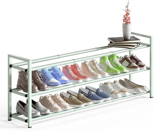 Bumusty 3-Tier Long Expandable Shoe Rack for Closet, 18"-44" Adjustable Shoe Rack for Entryway, 15-18 Pairs Large Shoe Organizer Shelf Storage, Sturdy Metal, Green