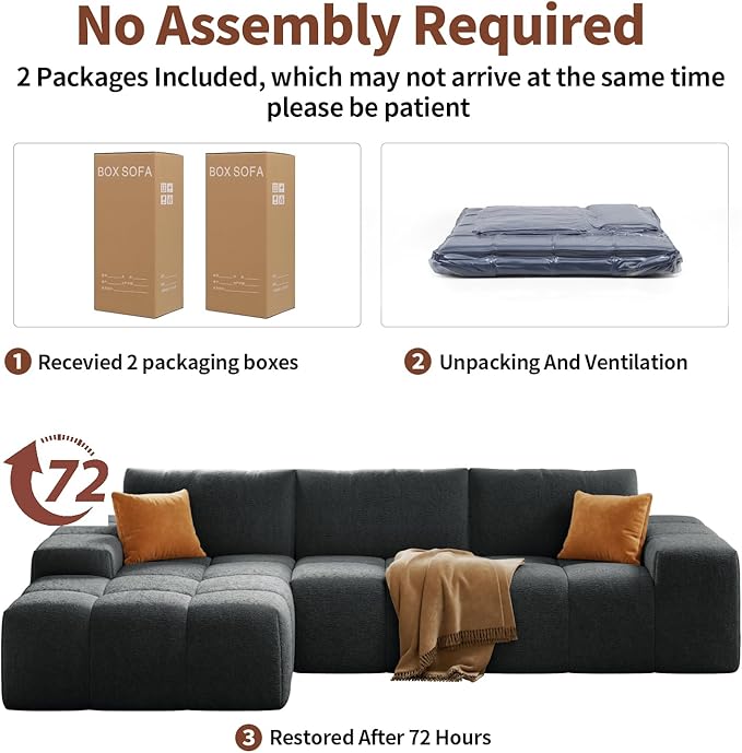 114” Oversized Modular Sectional Couch for Living Room, Chenille Boneless Couch L-Shape Cloud Sofa with Deep Seat and Chaise, Memory Foam Compressed Sofa for Living Room Furniture Bedroom Apartment