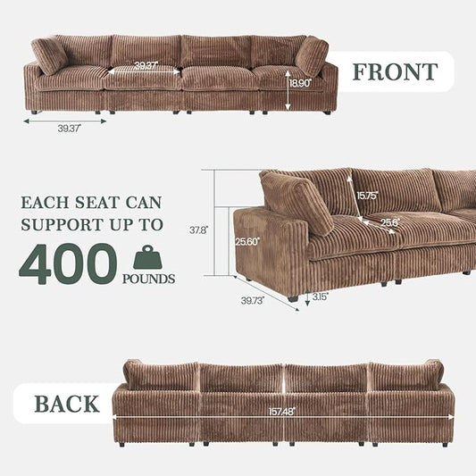 Modular Sectional Sofa, 157.48" Oversized Cloud Couch, 4 Deep Seat Comfy Modular for Living Room, Plush Cushion Covers Removable, Brown