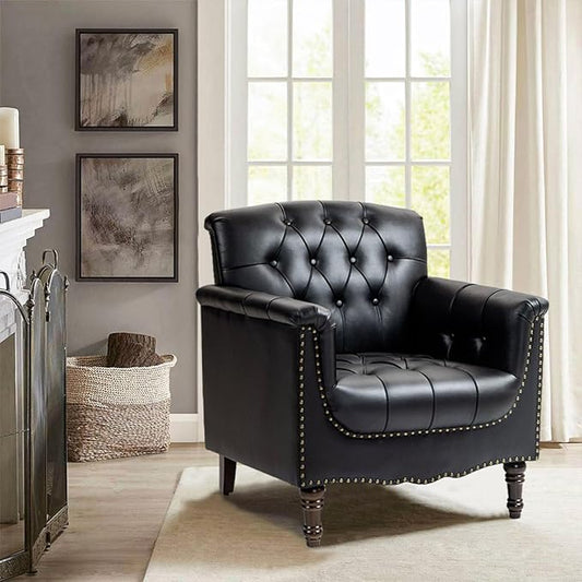 Pia Ricco Modern Tufted Accent Chair, Single Faux Leather Armchair with Nailhead Trim & Wood Legs, Comfortable Upholstered Seat for Living Room, Office - Black