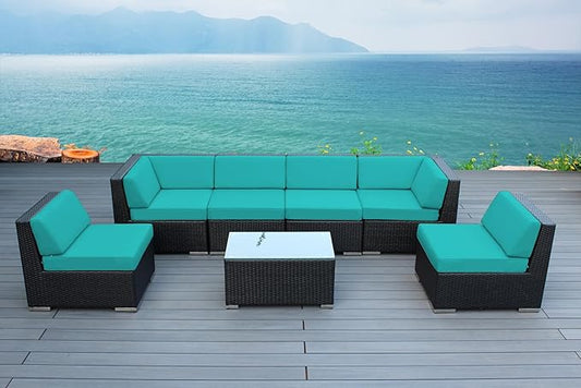 7-Piece Outdoor Patio Wicker Furniture Set, No-Assembly Sectional Sofa with Weather-Resistant Cushions, All-Weather Conversation Set (Supercrylic Turquoise)