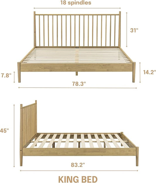 NTC Inno Wooden Bed Frame with Headboard, Solid Oak and Rubber Wood Foundation with Silent Slats and Wood Central Supports, 1000 Lb Capacity, Effortless Assembly, King - Sand