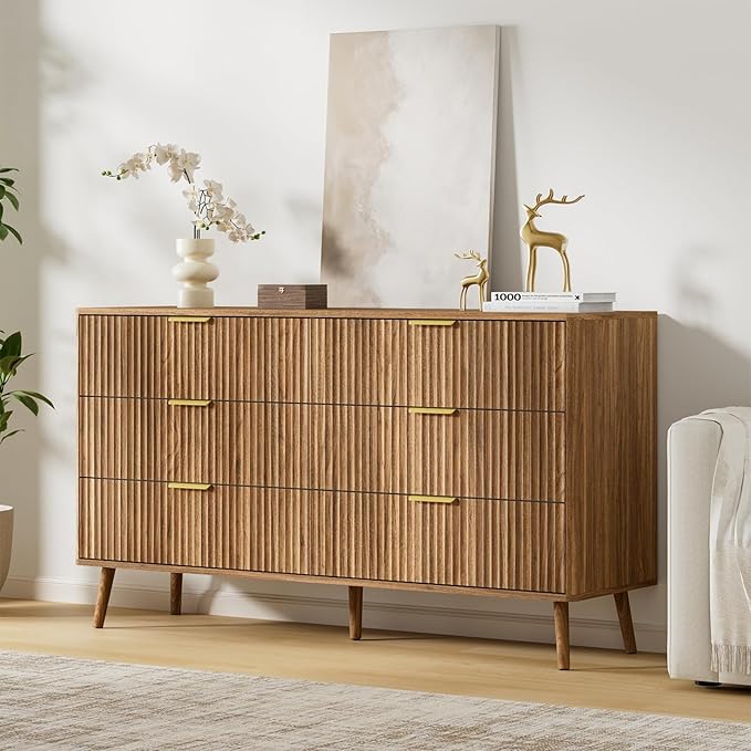 LYNSOM Fluted Dresser and Nightstand Sets 2 Piece, 1-Drawer Nightstands and 6-Drawers Dresser, Wood Bedroom Furniture Set for Home, Bedroom, Hallway, Natural Oak