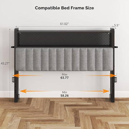 VINGLI Queen Size Headboard Only, Adjustable Upholstered Headboard with 2 Tier Shelves and Pegboard with Charging Stations and LED Lights, Modern Bed Headboard with Storage for Bedroom Decor