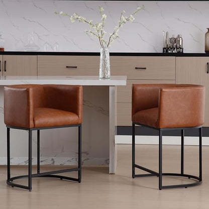 PU Leather Bar Stools Set of 4, Modern Upholstered Counter Height Bar stools 24" Leather Barstools Barrel Kitchen Counter Island Stools with Black Metal Base, Brown