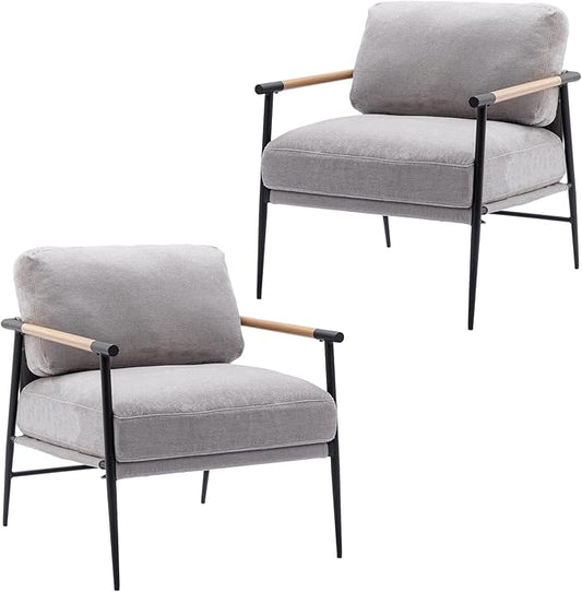 DUOMAY Mid-Century Modern Accent Chair Armchair Set of 2, Soft Linen Fabric Sofa Lounge Chair Reading Chair with Metal Leg for Living Room Bedroom Office, Grey