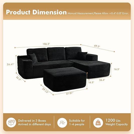 106" Cloud Sectional Couch with L-Shape Chaise & Ottoman, No Assembly Modular Sofa, Deep Seat Plush Corduroy Boneless Couched for Living Room (Black Plush Corduroy, Right Facing Chaise with Ottoman)