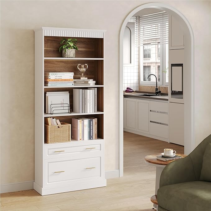 LITTLE TREE 72" Tall White Bookcase, 5-Tier Office Bookself with File Cabinet Drawers,Modern Floor Standing Storage Filing Cabinet Book Shelf for Living Room,Bedroom(2 Piece,White)