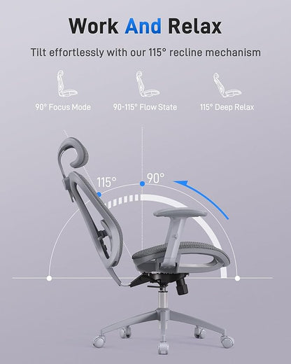 Ergonomic Office Desk Chair, Comfortable Computer Gaming Chair, Breathable Mesh Back & Seat, Adjustable Armrest & Headrest, Lumbar Support, Butterfly Design for Home Office (Gray)