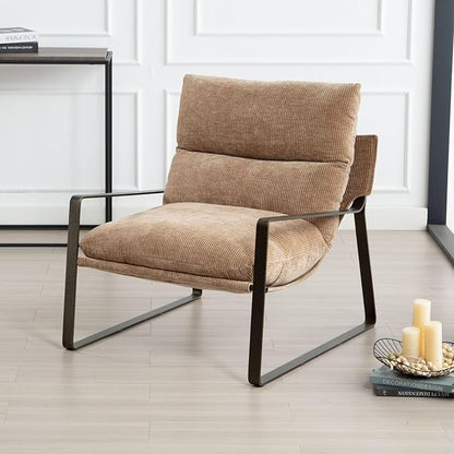 LukeAlon Modern Chenille Accent Armchair, Upholstered Lounge Chair with Brass Metal Frame Thickened Cushion Single Sofa Chair Comfy Leisure Side Chair with Armrest for Bedroom Living Room, Khaki