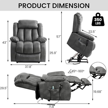 TEKAMON Power Lift Recliner Chair for Elderly with Heat & Massage, Dual Motor Breathable Leather Recliner, Lay Flat Sleeping Chairs with Infinite Position, RemoteControl(Silver Grey, Extended)