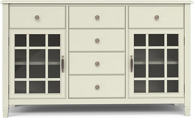 SIMPLIHOME Connaught Buffet - 60 inch Wide Solid Wood 3-Door Sideboard Buffet in Antique White, Traditional Storage Cabinet for Dining Room or Kitchen with Adjustable Shelves and Classic Molding