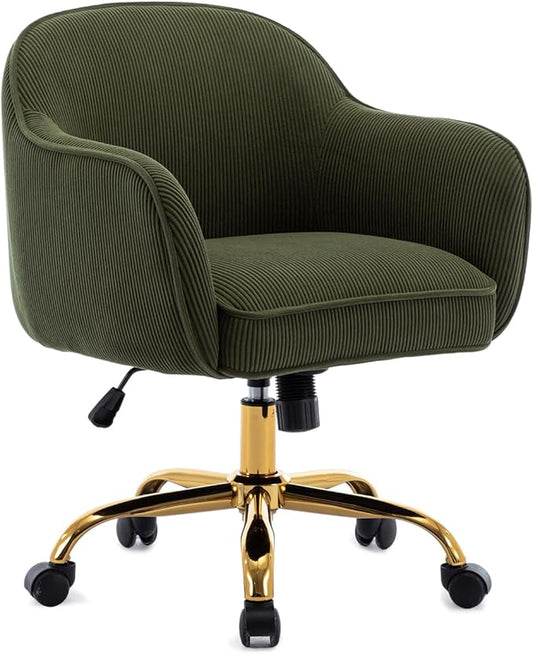 Home Office Desk Chair with Arms Gold Wheels Modern Velvet Upholstered Rolling Computer Chair Mid-Back Ergonomic Adjustable Swivel Vanity Chair for Bedroom Study Office, Green,Corduroy