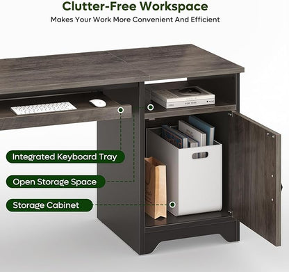 Bestier Office Desk with Keyboard Tray, Industrial Computer Desk with Storage, Reversible Executive Desk with File Cabinet for Home Office Bedroom, 47 inch Grey
