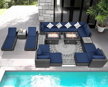 NICESOUL 18 Piece Patio Furniture Set with Fire Pit Table and Chaise, Modern Huge Complete Outdoor Wicker Couch Sets with Firepit and Loungers, 14-Seats Outdoor Seating Sectional Comfy Wide, Gray&Navy