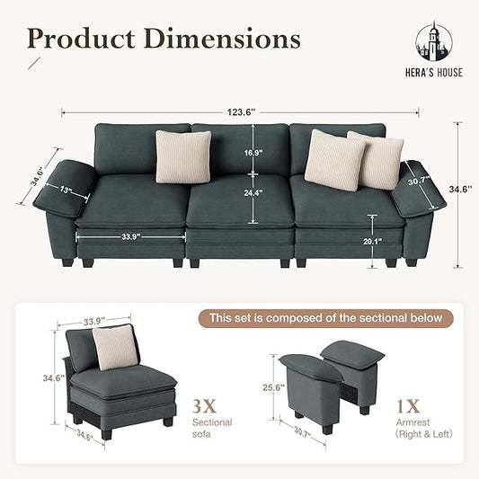 HERA'S HOUSE 124" Modular Sectional Sofa, Oversized Couches for Living Room, Comfy Cloud Couch 3-Seater Deep Seat Sofa with Throw Pillow, Chenille Blue