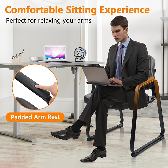 CLATINA Waiting Room Chairs with Padded Arms Leather Guest Chair no Wheels for Office Reception and Conference Desk with Sled Base Black, 2PK