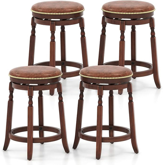 COSTWAY Round Swivel Wooden Bar Stools Set of 4, 24-inch Upholstered Backless PU Leather Farmhouse Counter Chairs with Footrest, Decorative Rivets for Kitchen Island, Dining Room, Walnut