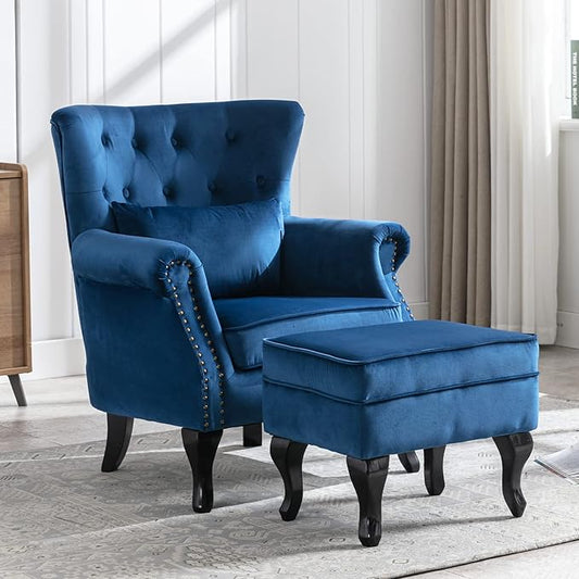 Mid Century Modern Accent Chair Upholstered Armchair Comfy Velvet Tufted Wingback Single Sofa with Ottoman for Bedroom Living Room, Blue