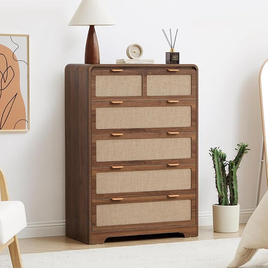 43" Tall Dresser for Bedroom, 5 Drawer Mid Century Modern Dresser with Natural Linen, Curved Wood Chest of Drawers Closet Clothes Storage Organizer for Living Room, Hallway (Walnut)