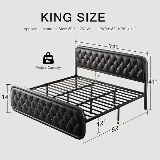 King Size Bed Frame, Upholstered Bed with Button Tufted Leather Headboard and Footboard, Metal U-Shape Support Foundation, No Box Spring Required, Black