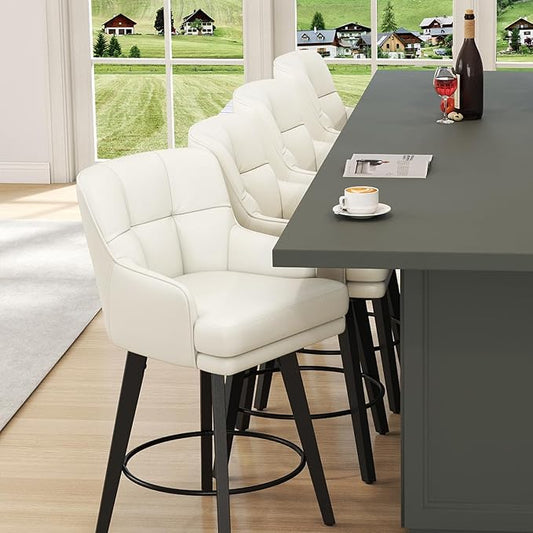 360°Swivel Counter Height Bar Stools with Back, 26 inch Solid Wood Legs, Bar Stool Modern Kitchen Island Chairs, Faux Leather (Beige- Faux Leather, 26" H- Set of 6)