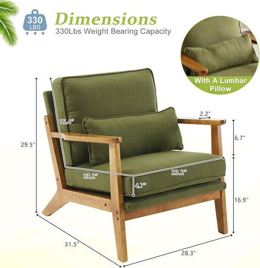 VINGLI Solid Wood Wide Armrests Accent Chair,Upholstered Mid Century Modern Chair with Pillow,Comfy Reading Chair Farmhouse Arm Chair,Chairs Living Room,Bedroom,Guest Room,Linen Fabric,Dark Green