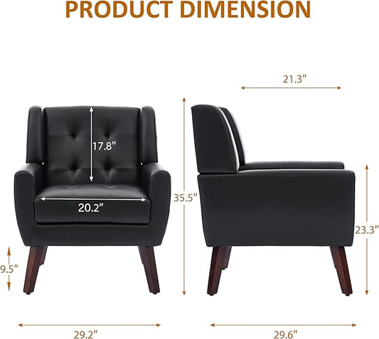 Faux Leather Accent Chairs Set of 4, Mid-Century Modern Upholstered Armchair, Comfy Living Room Chairs Reading Chairs with Button Tufted Back & Solid Wood Legs for Bedroom, Office, Black