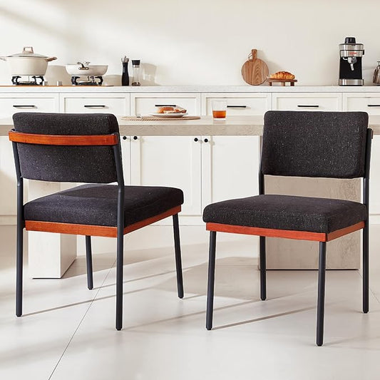 Black Modern Dining Chairs Set of 2, Kitchen Chairs with Thick Cushions and Adjustable Foot Pads, Upholstered Fabric Dining Room Chairs with Sturdy Metal Legs