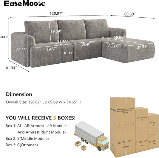 EASE MOOSE Sectional Cloud Couch for Living Room, L-Shaped Modular Boneless Sofa, Modern Cloud Sofa with Fluffy Foam, Oversized 4-Seater Deep Sofas with Ottoman for Apartment, Chenille (Light Grey)