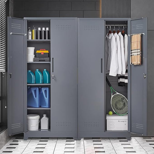 FLEXIMOUNTS 65'' Tall Metal Storage Cabinet with Locking Door, Large Cleaning Tool Organizer for Brooms, Garage, Laundry Room, Bathroom, Dark Grey